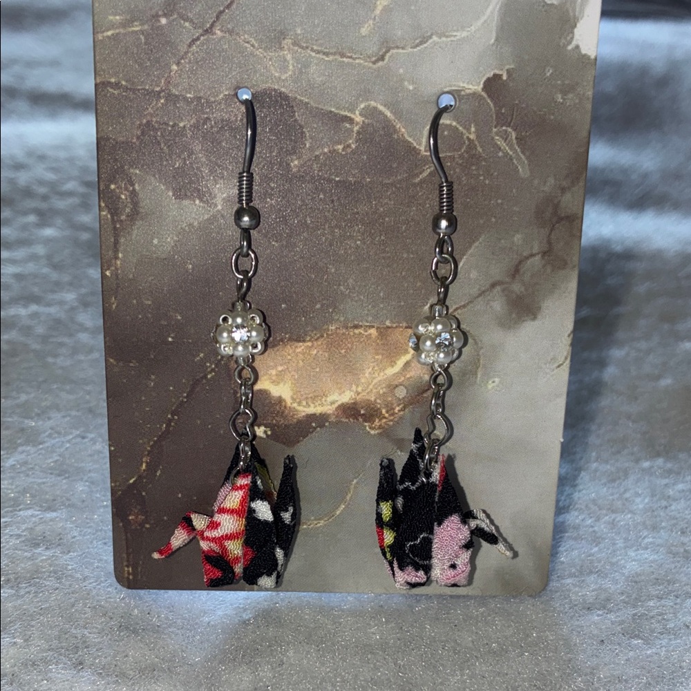 Authentic Origami Crane Earrings with Pearl Accent from Japan